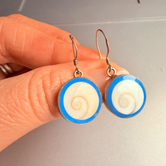 Eye Of Saint Lucia Shell Shiva Sterling Silver 925 Disc Dangle Earrings Evil Eye - Picture 4 of 6